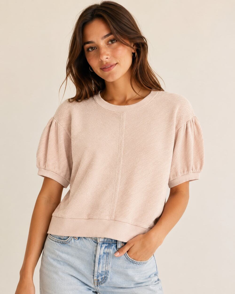 J Crew Peach Puff Short Sleeve Sweater Womens XXS Boxy Fit Fall Preppy Crew Neck